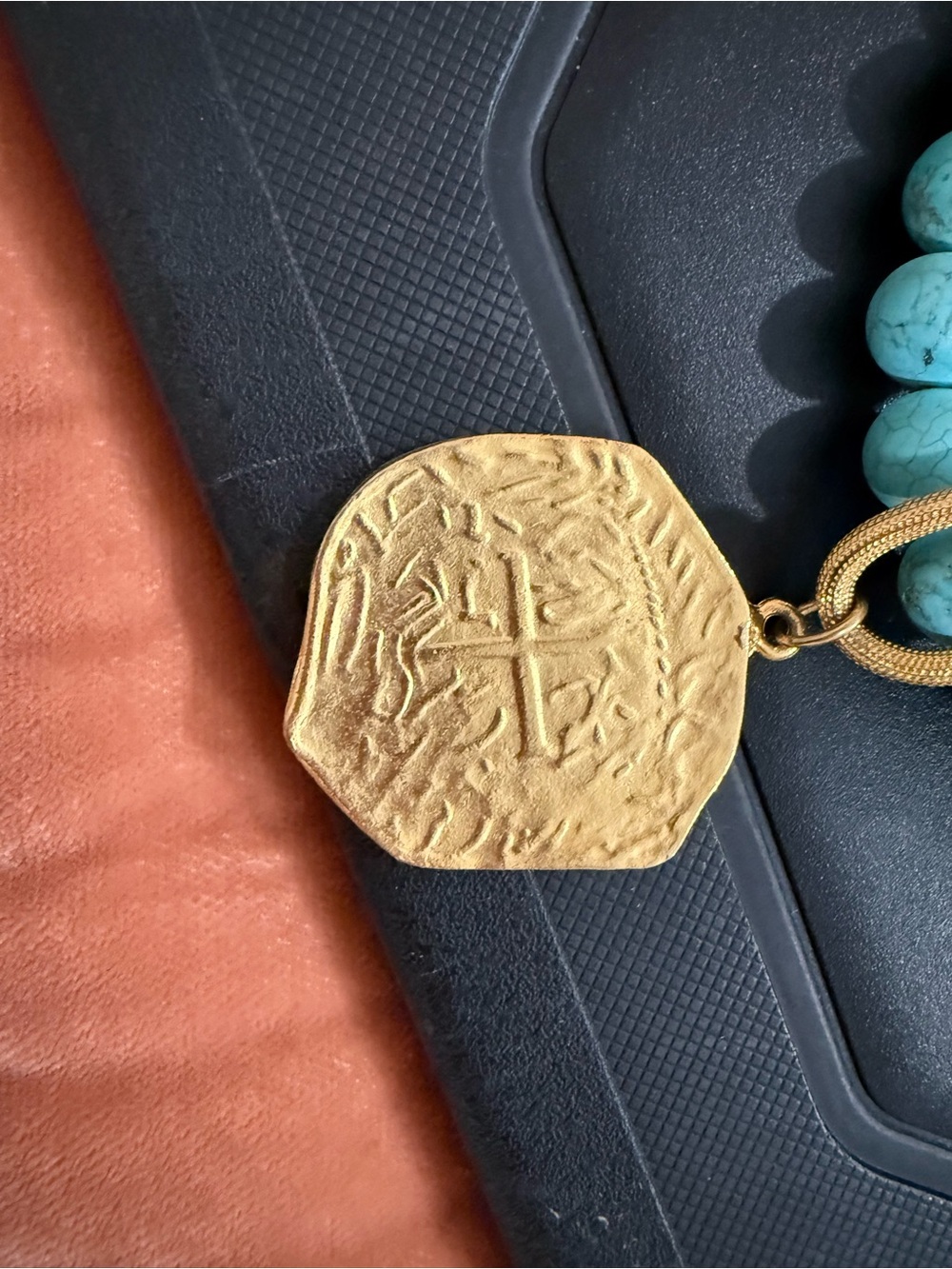 Susan Shaw Turquoise Bead and Gold Medallion Necklace - Picture 3 of 6